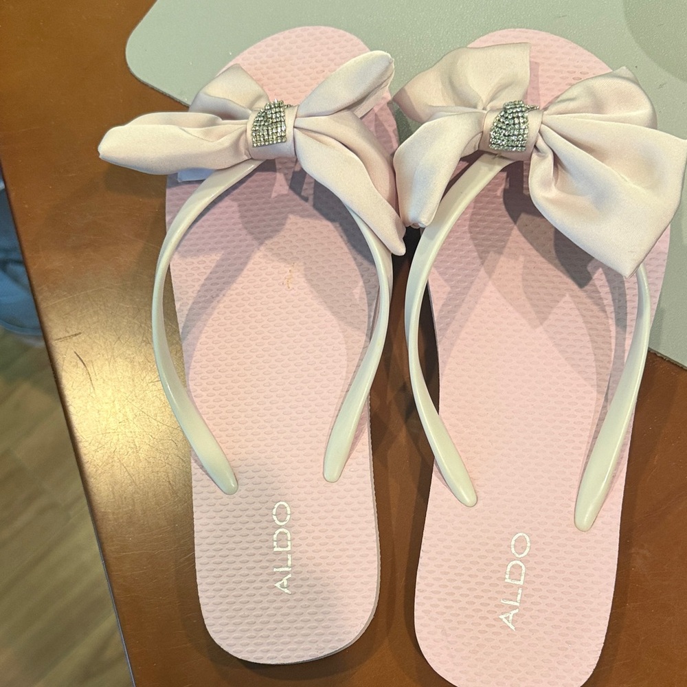 ALDO Light Pink Bow Flip Flop Sandals with Rhinestone Accent